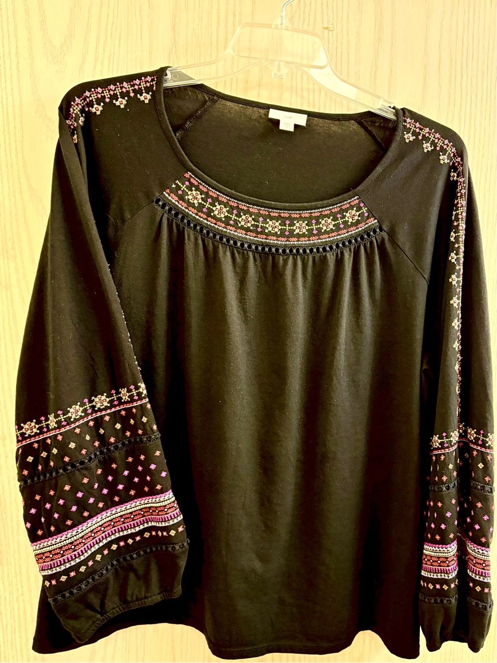 J. Jill Black Long-Sleeve Embroidered Peasant Top with Pink and Cream Accents - Picture 1 of 5